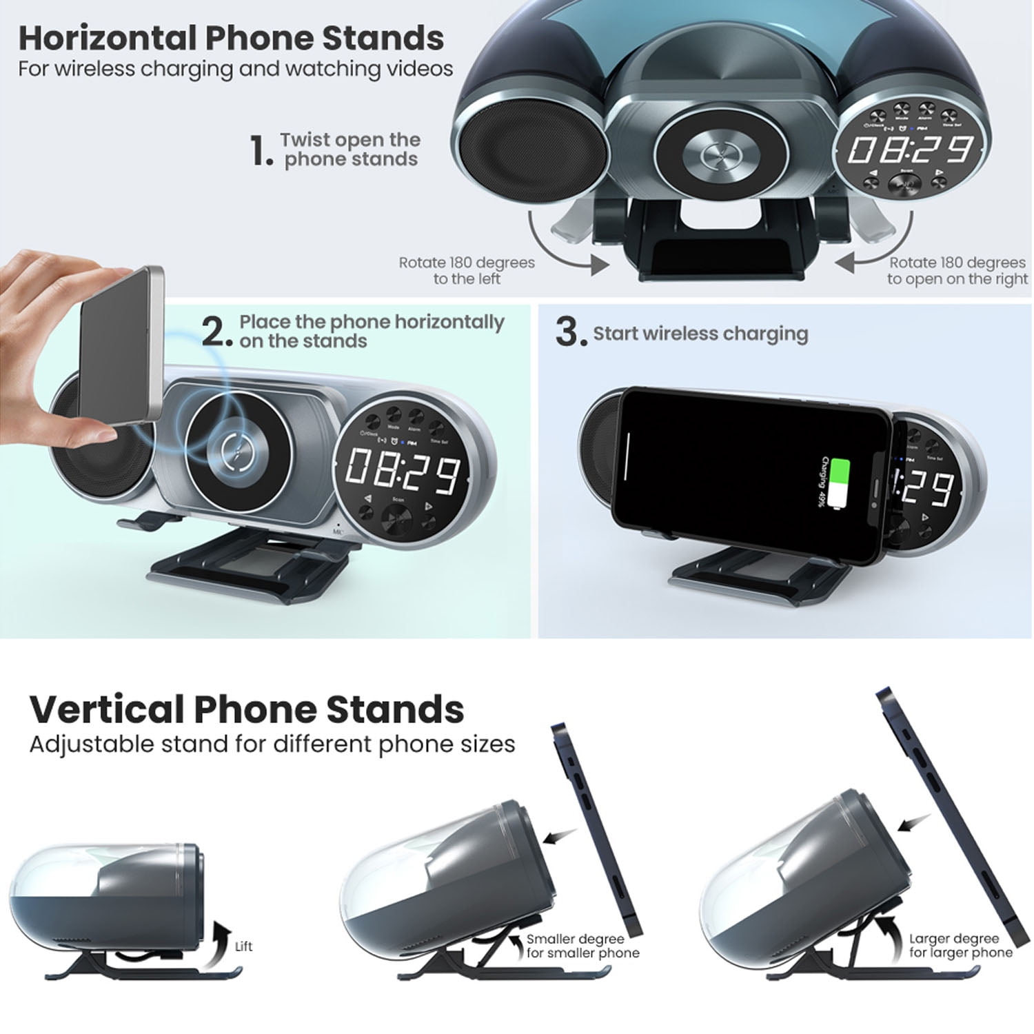Prociv Wireless Charging Bluetooth Speaker, Multifunctional Wireless Charging Alarm Clock Audio Dimmable LED Night Light Display USB Charger for Bedrooms Office Luminous Blue