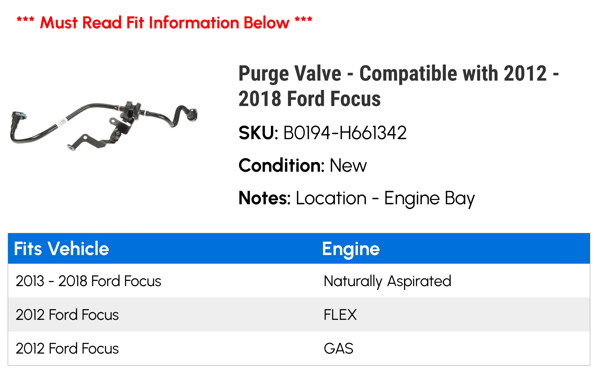 Purge Valve - Compatible with 2012 - 2018 Ford Focus 2013 2014 2015 2016 2017