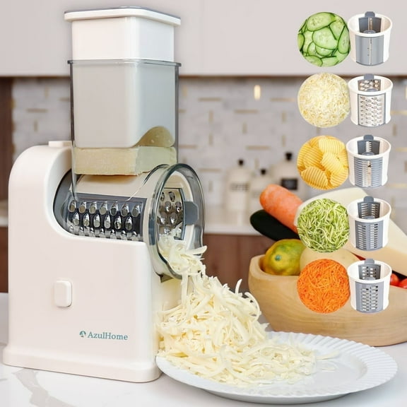 AzulHome Electric Cheese Grater, Vegetable Grater Slicer, Salad Shooter Shredding, Stainless Steel, 5 Interchangeable Blades, Home Kitchen Use