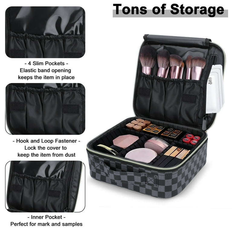 TSV Large Travel Makeup Bag with Handle, Waterproof PU Toiletry Bag,  Checked Cosmetic Organizer for Women Men
