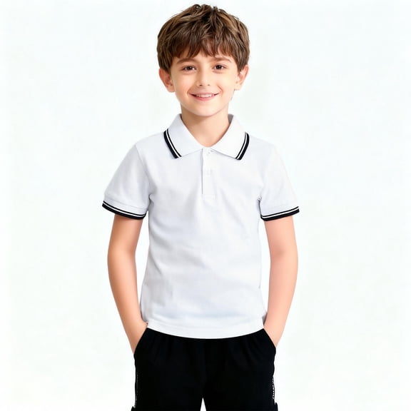 Afuyipoi Boys School Uniform Polos (For 3-15) Striped Button-Up Short Sleeve Soft Cotton Back-to-School Pullover Top Black Size 17