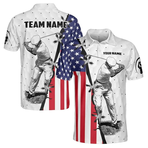 Custom Name, Team Name Golf American Flag Men's Polo Shirt S-5XL