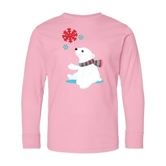 Inktastic Polar Bear, Bear with Scarf, Cute Bear, Snowflakes Long Sleeve Youth T-Shirt