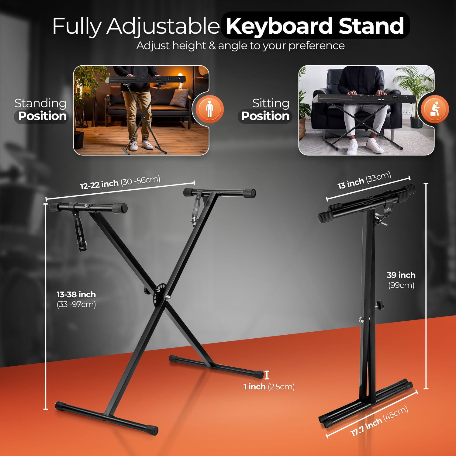 Digital Piano Keyboard Stand Musician Electric Organ Piano Stand Single Tube X Stand Type, 7 Position Folding Adjustable Height Keyboard Stands Metal Braced Rack Portable with Locking Straps