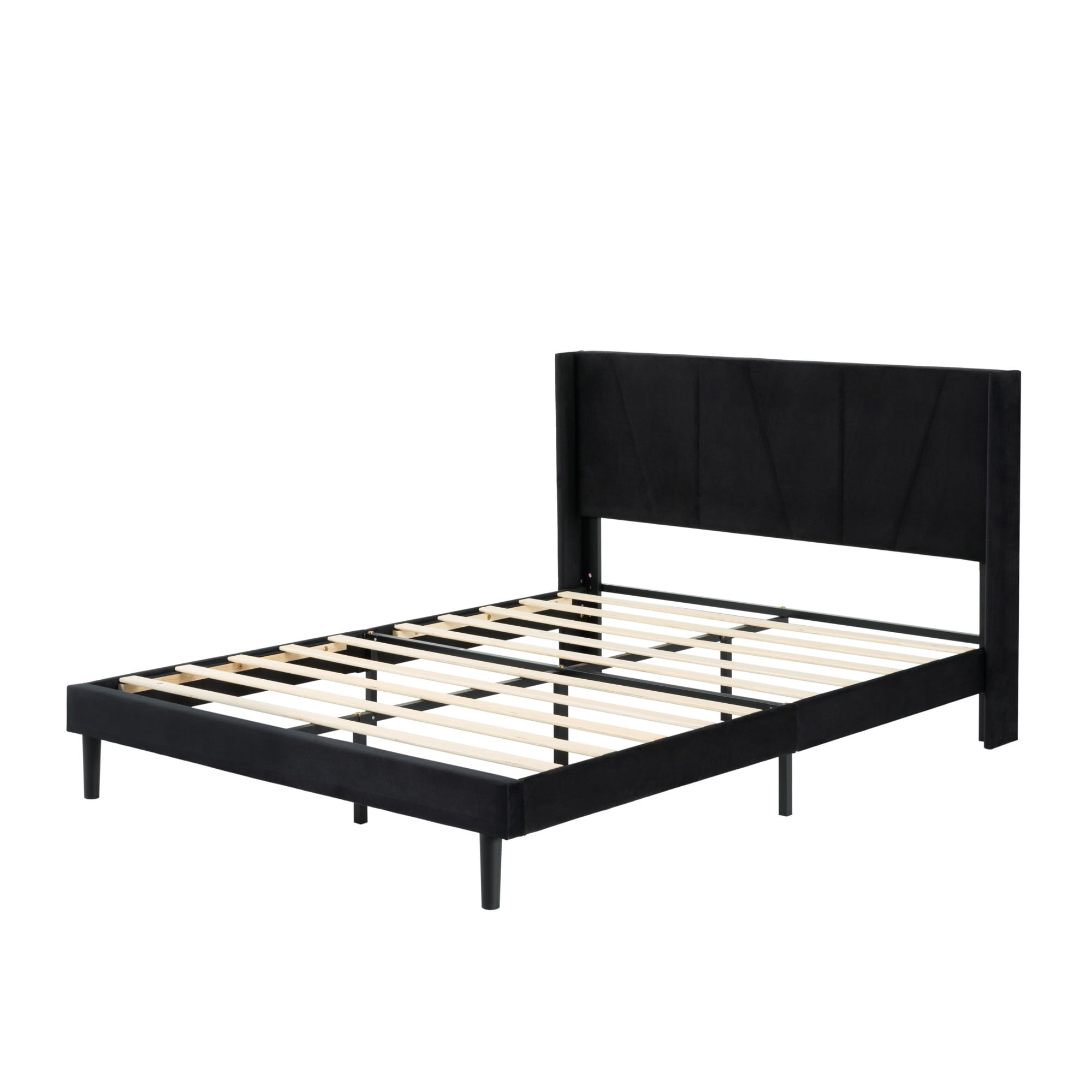 Gewnee Queen Size Bed Frame,Velvet Upholstery Platform Bed with Headboard,No Box Spring Needed,Black
