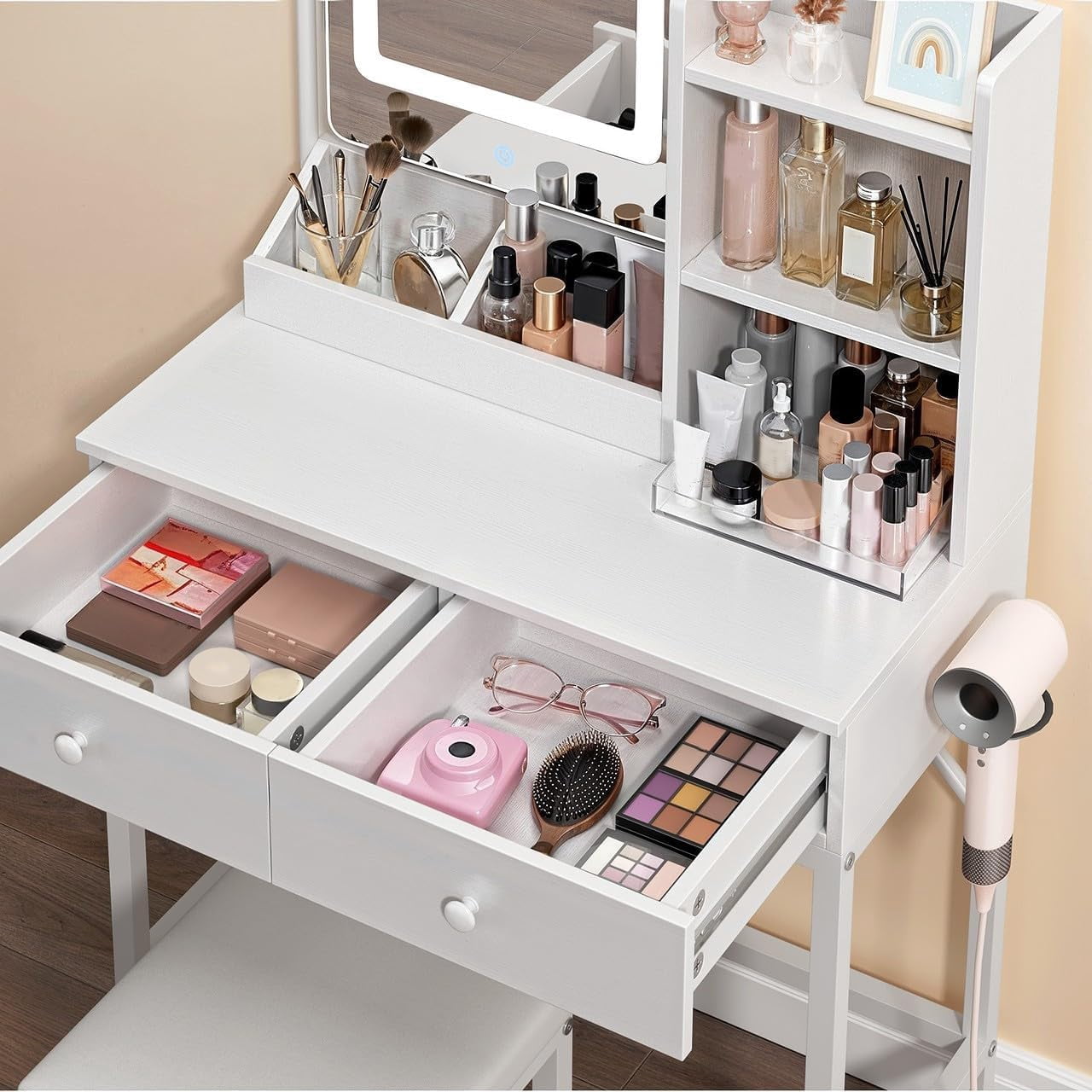 Makeup Vanity Desk with LED Mirror, 31.5” Vanity Table with 2 Drawers & Storage Shelves, White