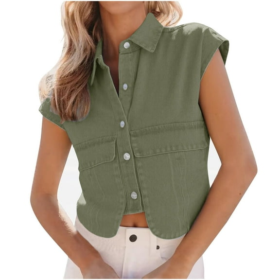 Cropped Waistcoat for Women Button Down Denim Vest Elegant Jacket Country Trendy Sleeveless Tops Casual Y2K Jeans Jacket Slim Fitting Collared Army Green L