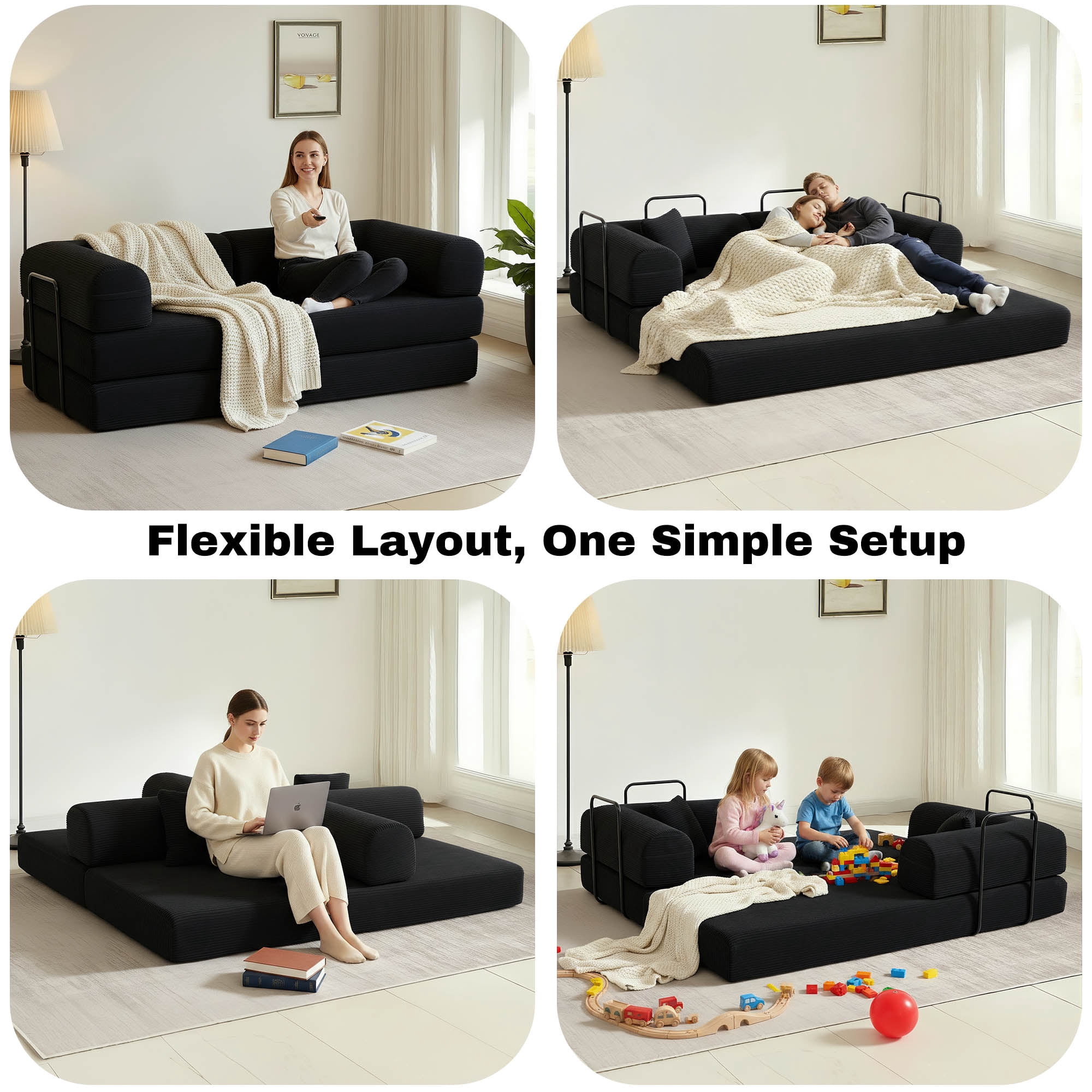 GAOHAPY 80" Convertible Sleeper Sofa Bed, Corduroy Foldable Futon Couch with Pillows, No Assembly Sofa Couch for Living Room Small Spaces Apartment,Black