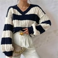 thumbnail image 4 of Women'S Cropped Sweater V-Neck Long Sleeve Fisherman Cable Pullover Knit Top Blue & White S, 4 of 7