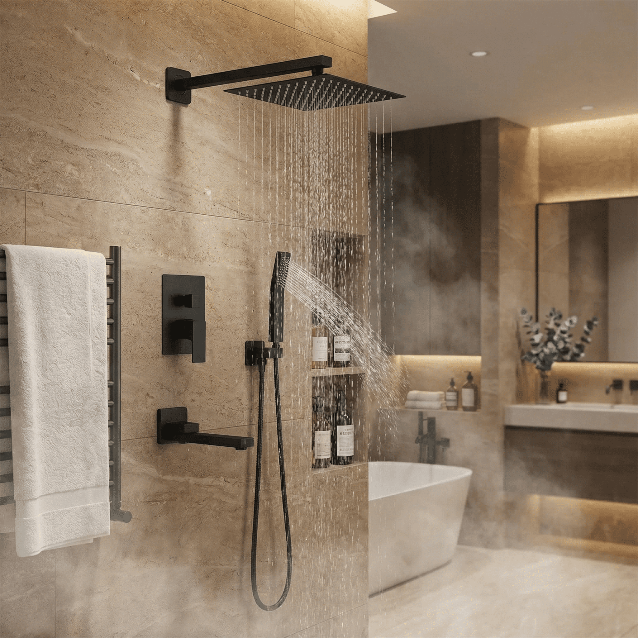 LIFERECORD 3-in-1 Matte Black Shower System with Rainfall Shower Head, Handheld Shower & Tub Spout, Adjustable Bathroom Shower Fixture with Brass Rough-In Valve, Easy Clean Silicone Nozzles