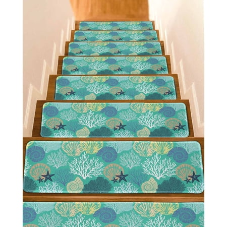 Aqua Gray Shell Coral Stair Treads for Wooden Steps Indoor Runner Rug Carpet Coastal Summer Beach Nautical Ocean 4 Pieces Peel and Stick Staircase Step Treads Covers Washable Throw Door Mats 30 x8