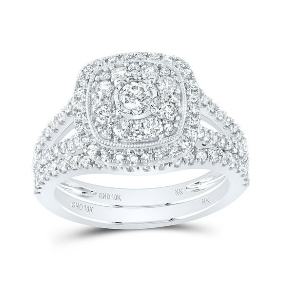 10K White Gold Round Diamond Cluster Bridal Wedding Ring Band Set 1ctw, Womens Size: 5-10