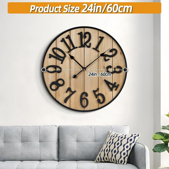 Large Wall Clock 24IN, Silent Metal Wood Style Clock Battery Operated for Living Room Decor, Farmhouse Big Wall Clock