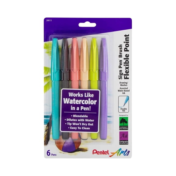 Pentel Arts Sign Pen Brush Tip, Assorted Vacation Colors, 6-Pk
