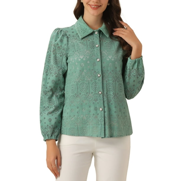 CAMISA ELEGANTE DE MUJER CON PUFF Y MANGAS LARGAS, BOTONES Y COLLAR, TALLA S, VERDE GUISANTE
