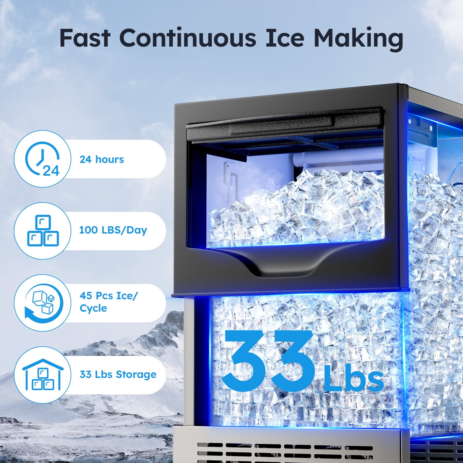 Mojgar Commercial 100Lbs/24H Ice Maker - Freestanding with 33Lbs Storage Capacity, Adjustable Ice Sizes, Quiet Operation, Perfect for Home & Business