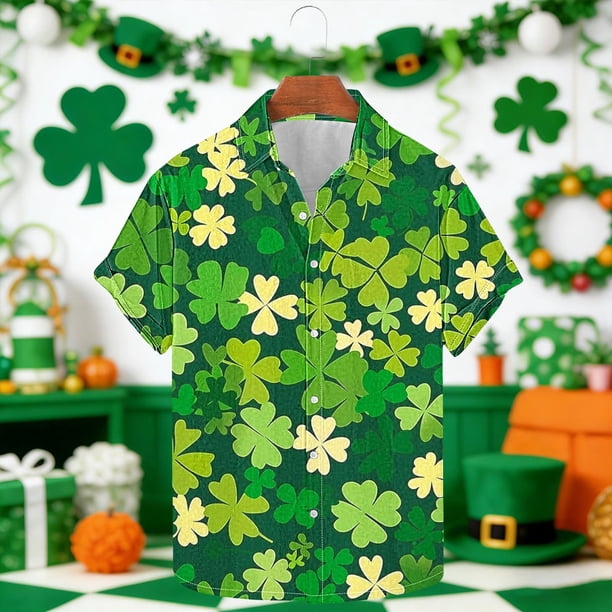 Ceisia Men's St. Patrick's Day All-Over Shamrock Print Stretch Short Sleeve Shirt Multicolor L Gifts