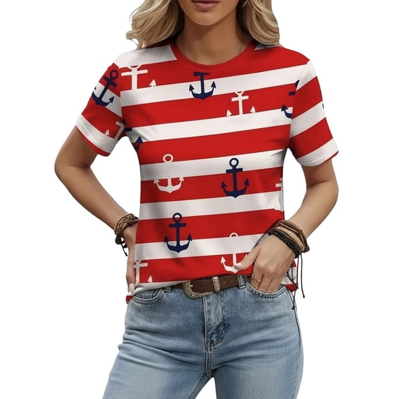 Gynyvoja Women'S Striped T-Shirts Short Sleeved Shirts Classic Fit Casual Pullover Tops Red S