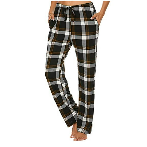 AherBiu Pajamas Pants for Women Plaid Loungewear Drawstring Waisted Straight Leg Comfy Sleepwear Trousers