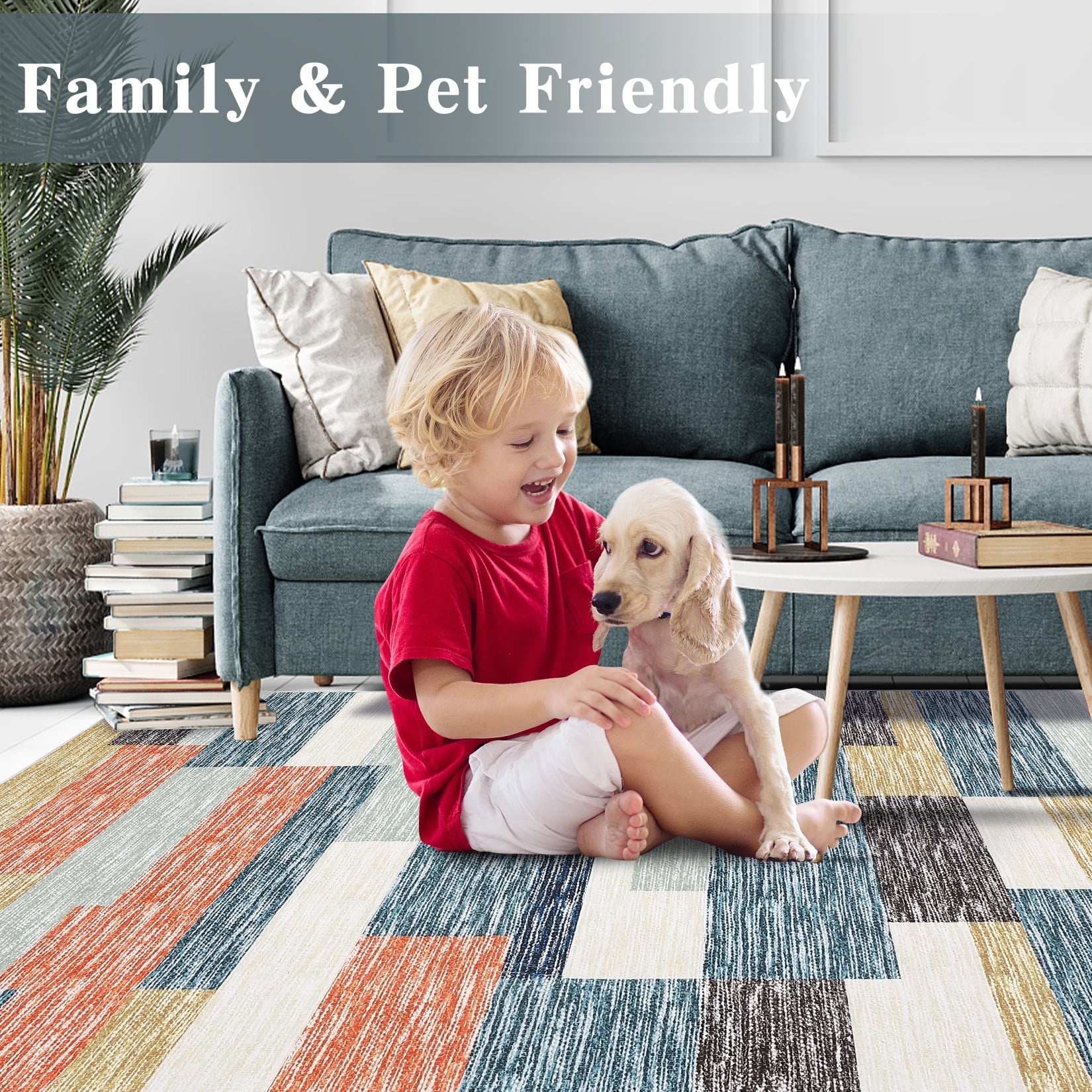 Garvee 8'x10' Living Room Rug Modern Geometric Rug Stain-Resistant Lightweight Rugs for Dining Room Home Office, Blue/Multi
