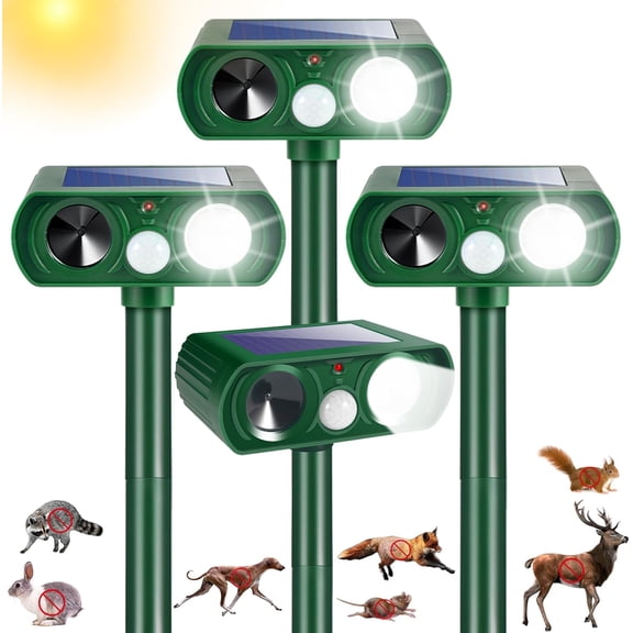 4 Pack Outdoor Solar Ultrasonic Animal Repellent with Motion Sensor Strobe Light for Skunk Raccoon Rabbit Dog Squirrel Fortress Pro for Yard Garden Lawn