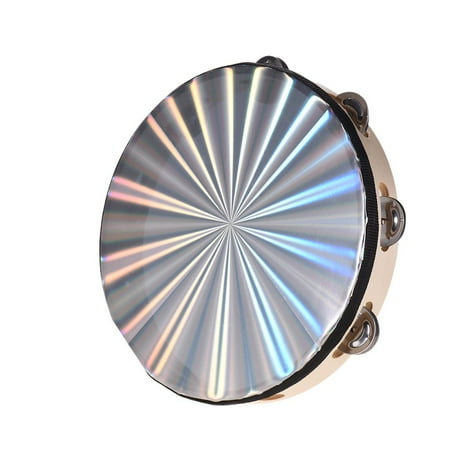 10 Inch Tambourine - 10 Inch Wooden Radiant Tambourine Handbell Hand Drum with Single Row Jingles Reflective Drum Head Percussion Instrument Musical Toy