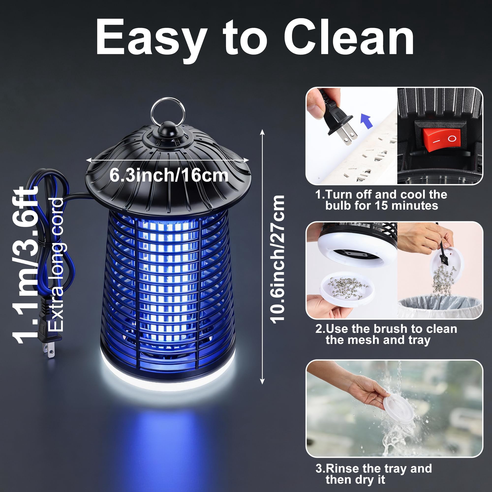 Zapper Outdoor/indoor Mosquito 4200v High Waterproof Electronic Killer 15w Uva Lamp Bulb Fly Traps Patio (black And White) (dark Black)