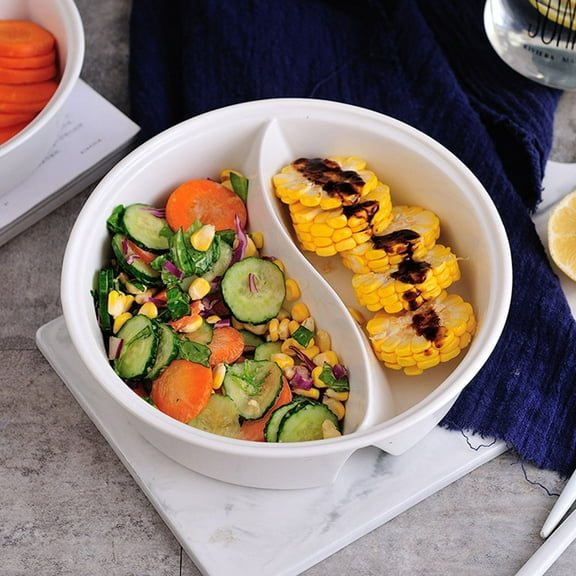 CIMAXIC Ceramic Divided Bowl White Divided for Different Foods Home Use 1Set