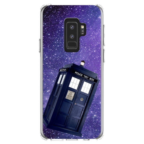 DistinctInk Clear Shockproof Hybrid Case for Samsung Galaxy S9  PLUS (6.2" Screen) - TPU Bumper, Acrylic Back, Tempered Glass Screen Protector - TARDIS Floating in Space