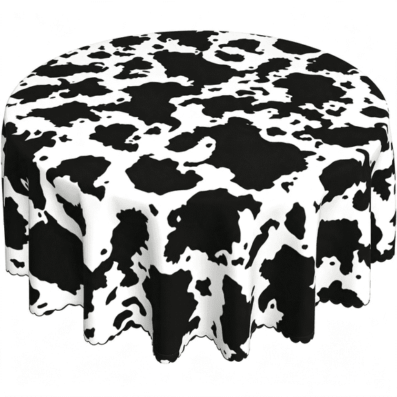 60 inch Round Cow Print Tablecloth, Black and White Farmhouse Table Cover, Washable Spill Resistant Polyester for Dining and Parties