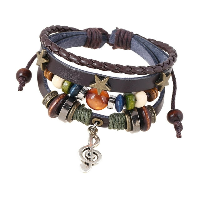 Rongfmy PU Leather Beaded Bracelet Musical Note Charm Bracelet for Gift Dating Daily Brown