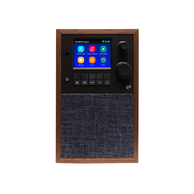 Grace Digital Mondo Alto Wireless Speaker in walnut finish, featuring Bluetooth 4.1, Wi-Fi, and Chromecast built-in for streaming music. The front panel includes a 3.5-inch color display for easy navigation, control buttons, and a fabric speaker grille. Compatible with Google Assistant and supports multi-room audio. Includes a 7-day alarm and USB charging port for devices.