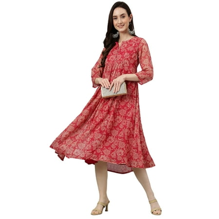 Janasya Women's Dark Pink Chiffon Lurex Floral Printed Flared Dress