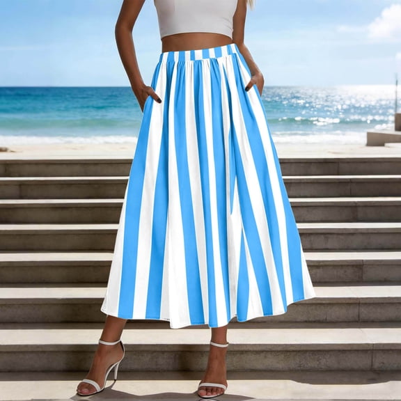 Sentmoon High Waisted Skirt Striped Print Flowy Travel Maxi Skirts for Women Long Skirts Beach Accessories Fashion for Casual and Summer Wear XXL