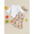 thumbnail image 4 of Michellecmm Baby Girls Halloween Pants Sets White Long Sleeve Letter Print Romper Pumpkin Print Pants Headband Sets, 4 of 8