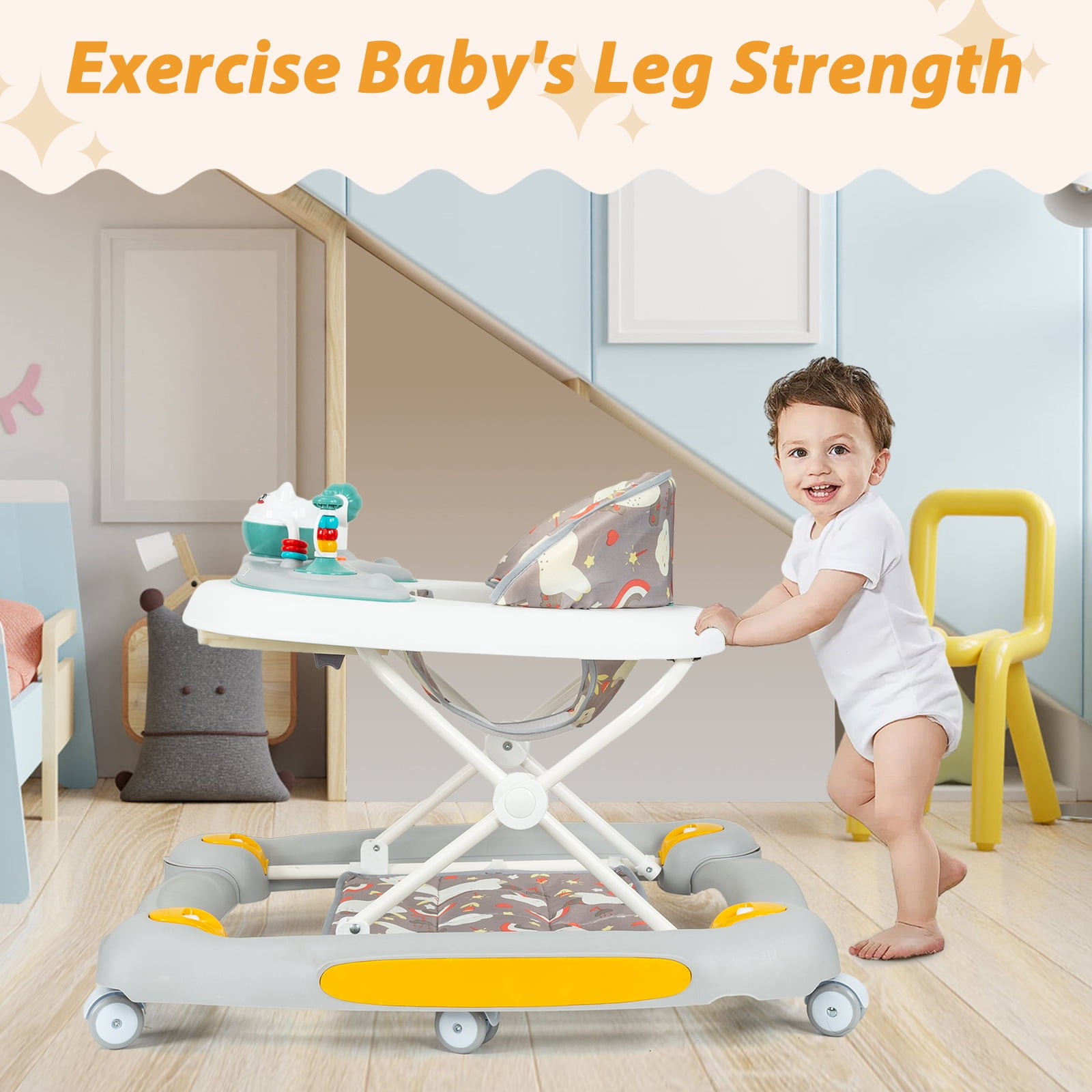 Activity Baby Walker for Girls and Boys, 5-in-1 Baby Walker with Music Toys, Height Adjustable, Grey