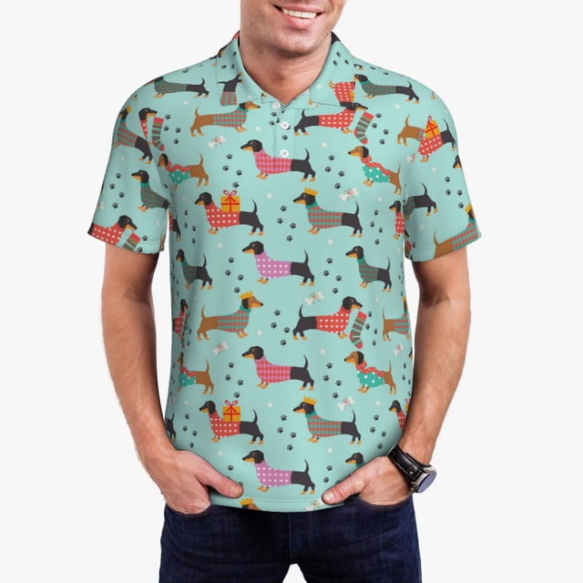 Balery Christmas Dachshund Camisa Polo de Hombre con Estampado, de Manga Corta y Tejido Medio, Camisa Tipo Golf Polo-4X-Large