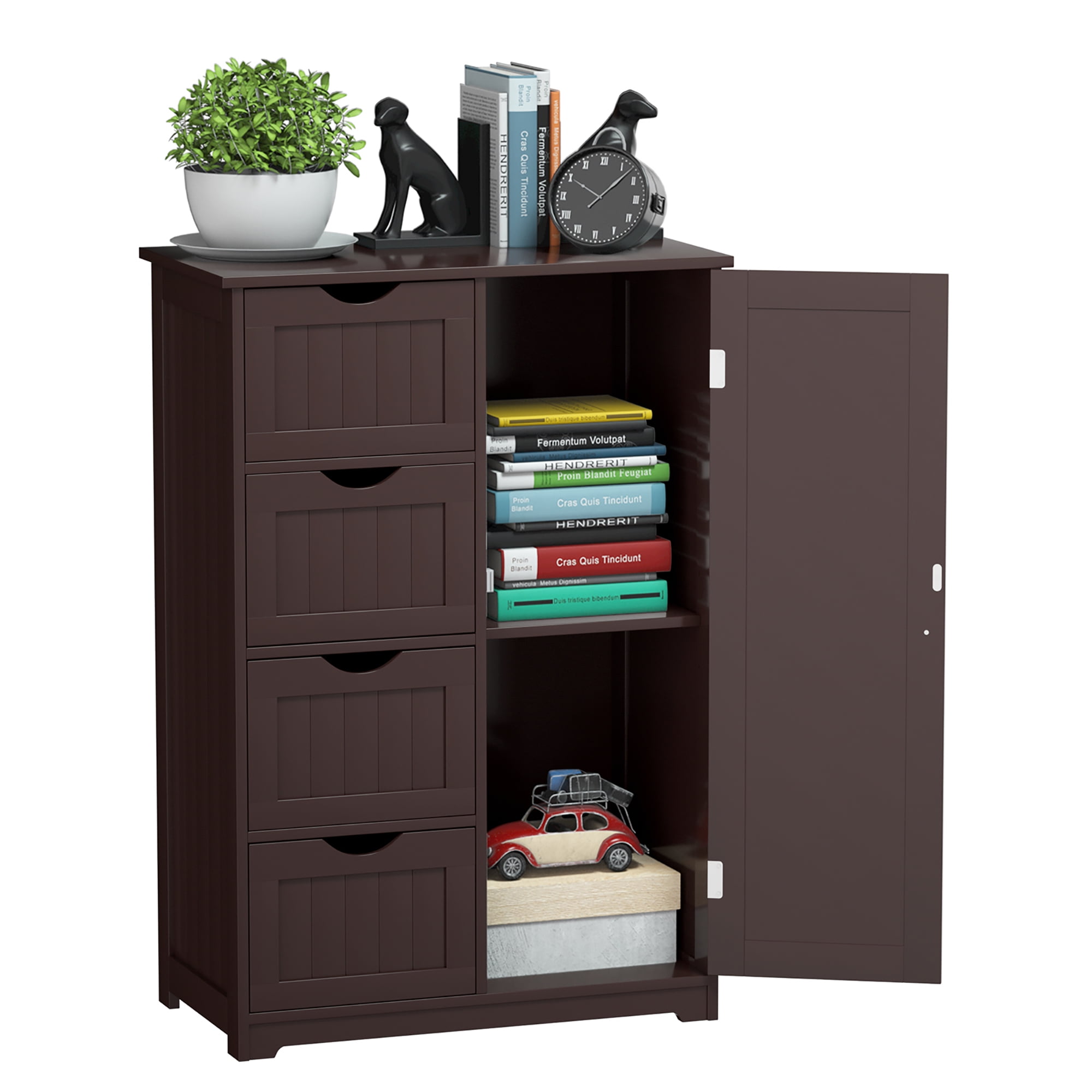 Costway Wooden 4 Drawer Bathroom Cabinet Storage Cupboard 2 Shelves Free Standing Brown