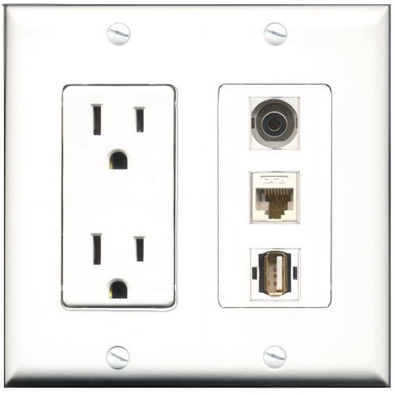 RiteAV - 15 Amp Power Outlet 1 Port USB A-A 1 Port 3.5mm 1 Port Cat6 Ethernet Ethernet White Decorative Wall Plate