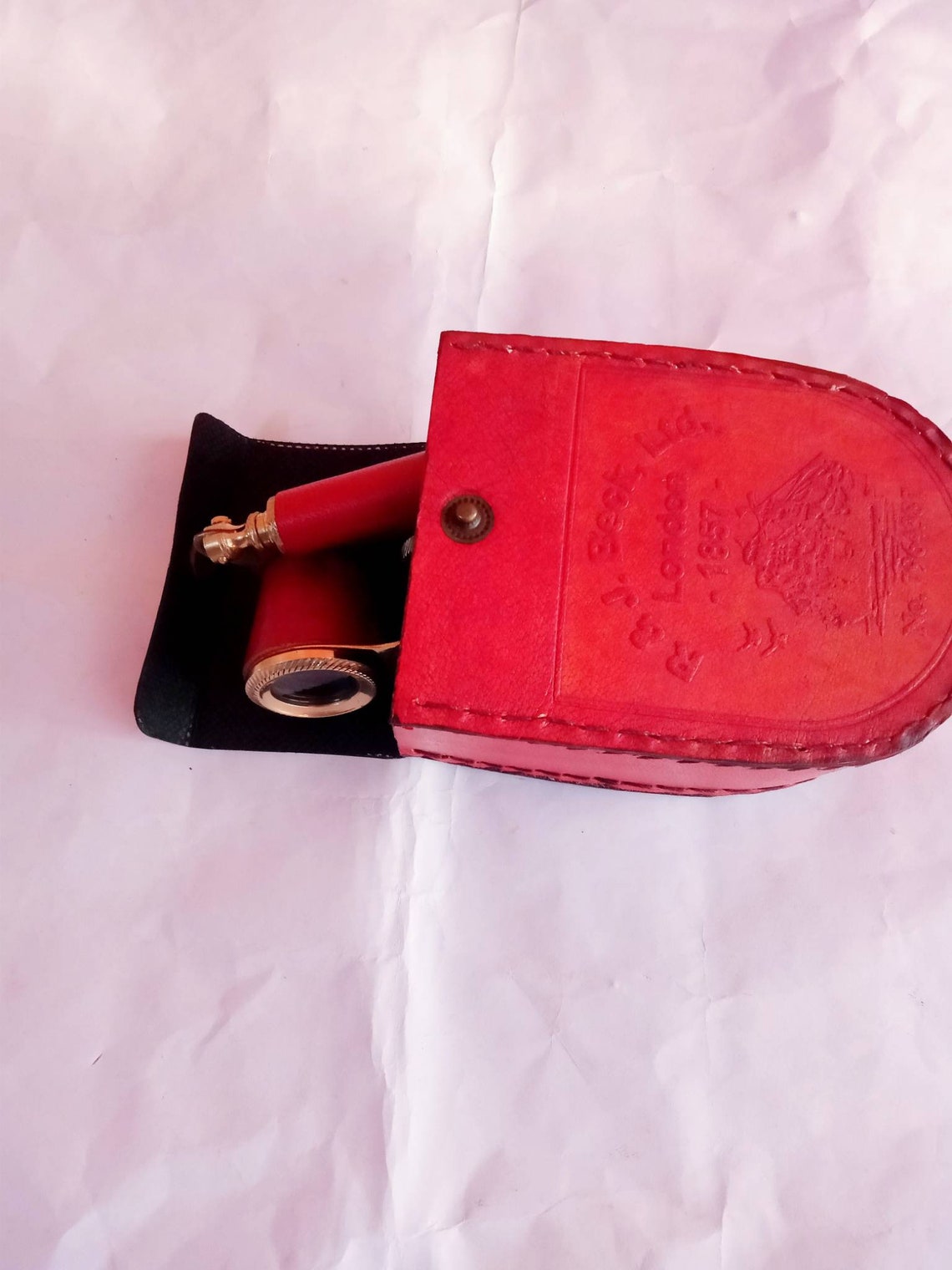 Vintage Nautical Brass Binoculars Red Binoculars with leather Box Leather Brass item