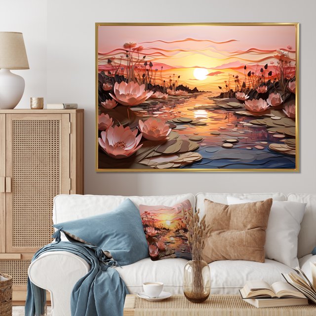 Designart Pink Traditional Gold framed wall art, Sunset framed wall art, Sunset euphony In Pink , sunset framed wall art decor, 40x30 inches Gold Frame