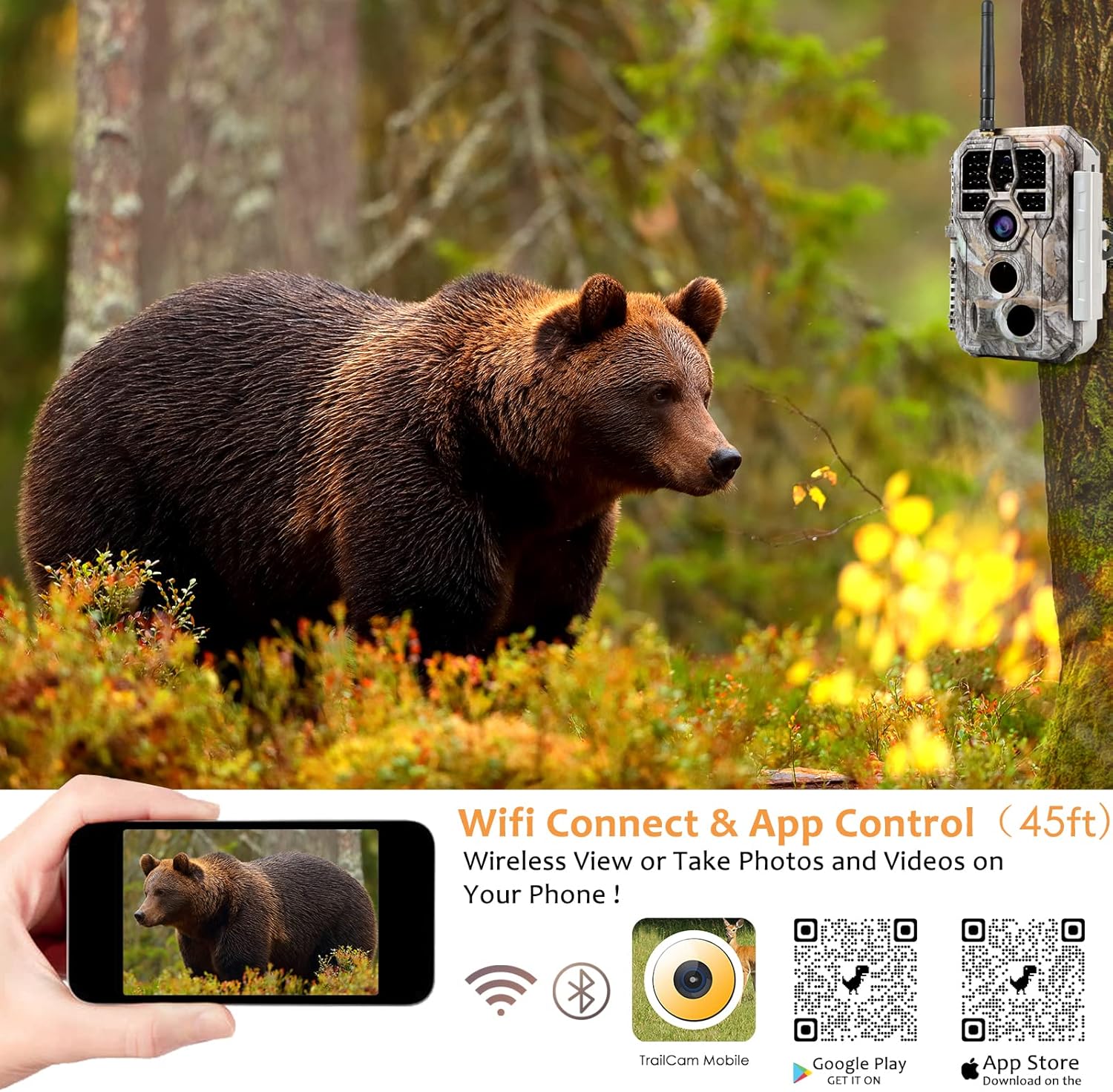 BLAZEVIDEO WiFi Game & Trail Camera 64MP 1296P, Night Vision 0.1s Trigger Time Waterproof IP66 Motion Activated, App Controll Send Picture to Cell Phone for Hunting Wildlife, Home Surveillance