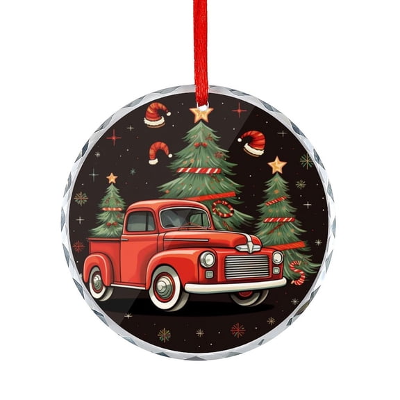 Glass Ornament Vintage Red Truck with Xmas Tree Cute Dog Round Glass Hanging Ornament Merry Christmas Winter Xmas Holiday Decorations And Xmas Gift Ideas