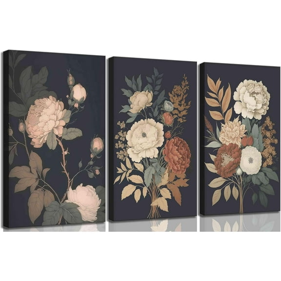3Pcs Vintage Peony Flower Still Life Canvas Wall art Rustic Dark Floral Plant Painting Picture Farmhouse Wall Decor Posters Print Artwork for Women's Room Living Room Bedroom Home Decoration