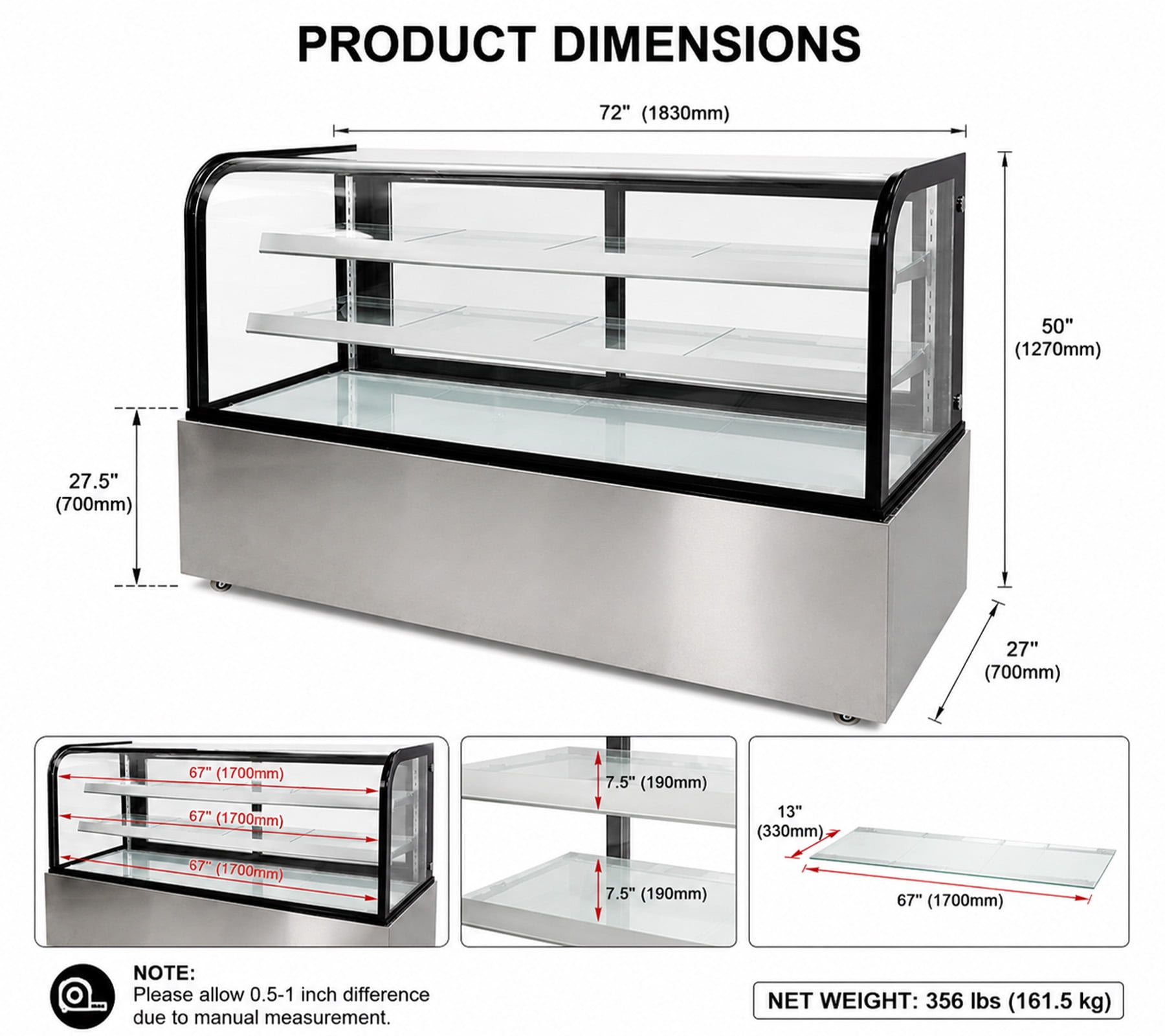 72" Commercial Refrigerated Bakery Display Case, Curved Glass Cake Showcase Refrigerator, 3 Shelf Pastry Display, NSF
