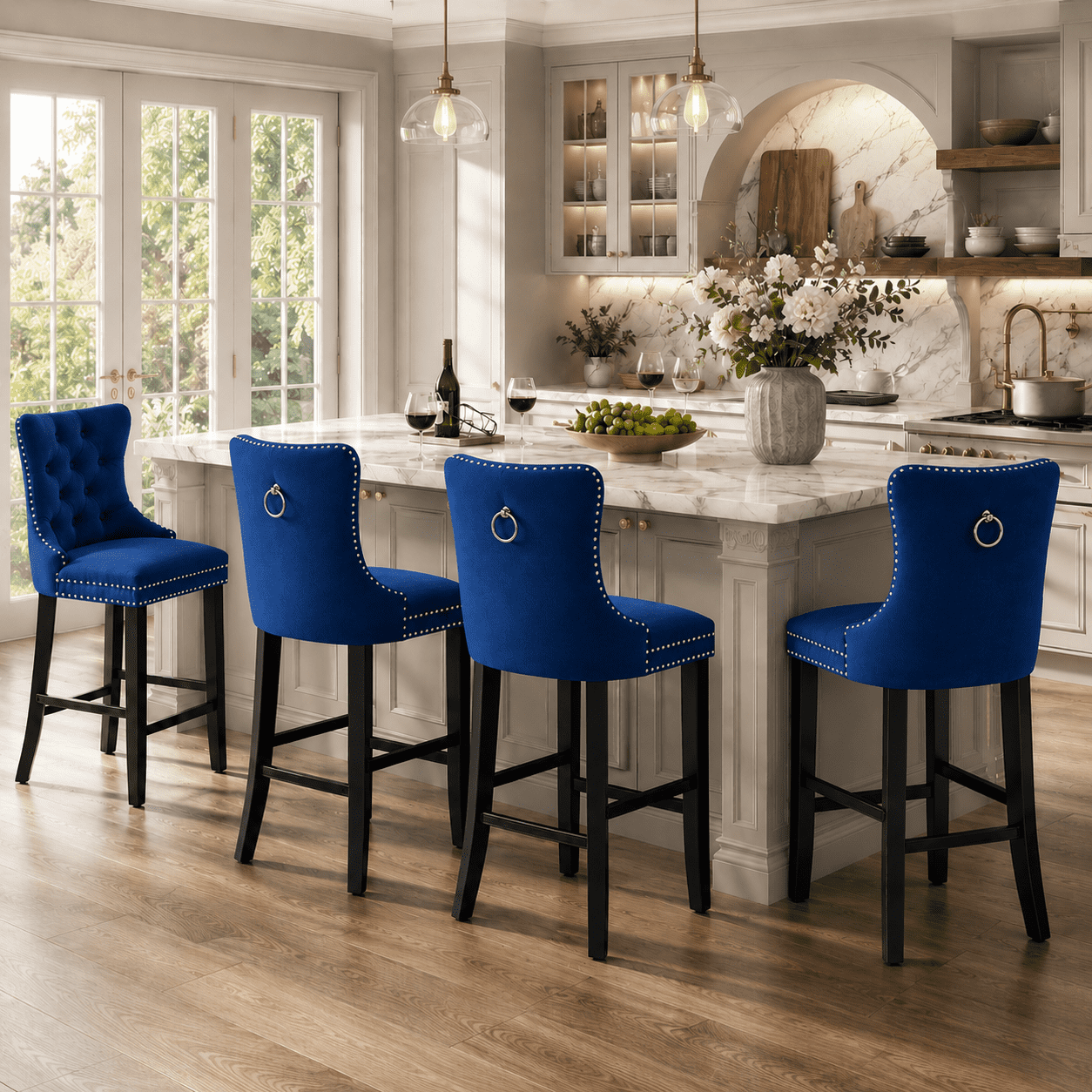 Bar Stools Set of 2, LEGAHOME Velvet Counter Height Bar Stools with Back, Button Tufted Upholstered Kitchen Island Chairs with Nailhead Trim, Solid Wood Legs, Footrest, Blue