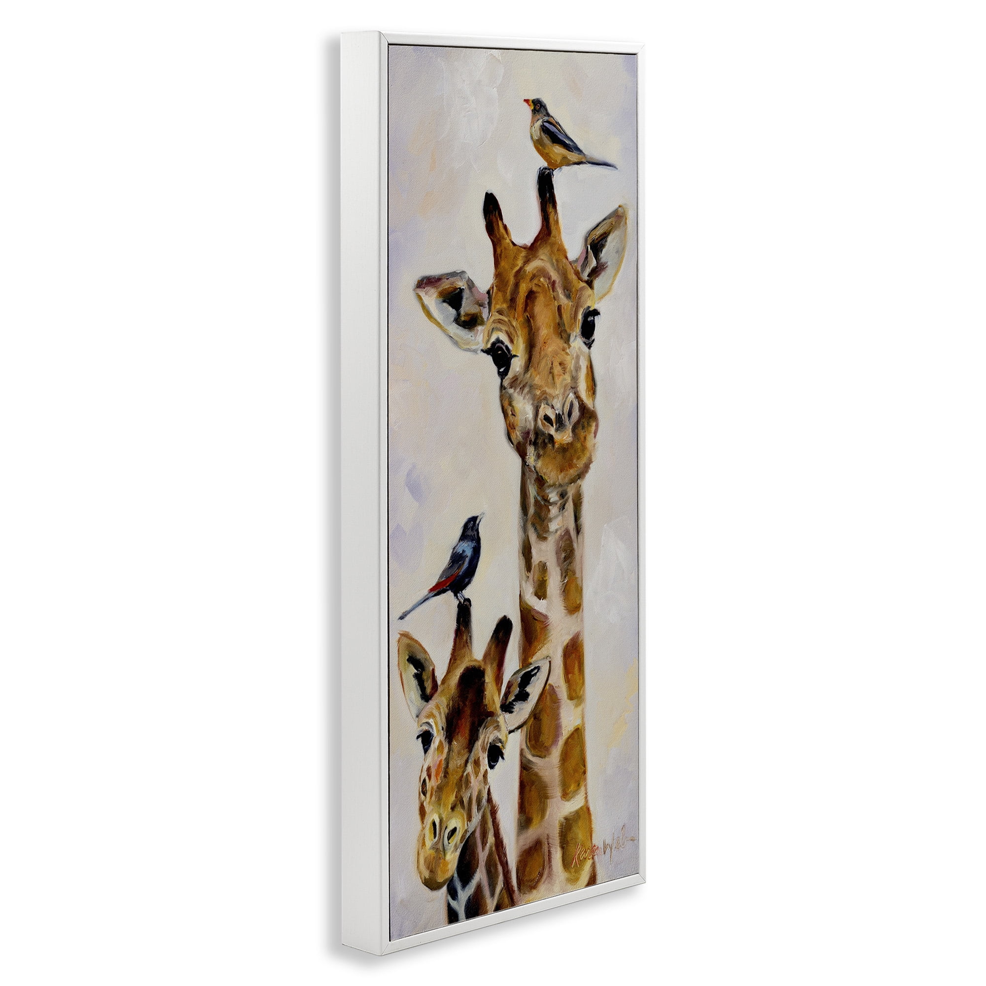 Stupell Industries Giraffe & Perched Birds Animals & Insects Painting White Framed Art Print Wall Art, 10 x 24