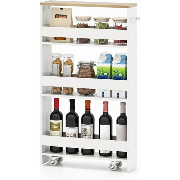 SSyao Small Kitchen Cart, 4-Tier Slim Rolling Island with Handle, Laundry Room Storage Between Washer and Dryer, Kitchen Organizers & Storage Cart, Narrow Spice Rack on Wheels Next to Fridge