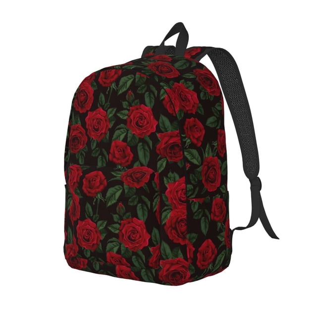 Disketp Rose print Canvas Backpack Lightweight Travel Daypack Student Rucksack Laptop Backpack-Medium