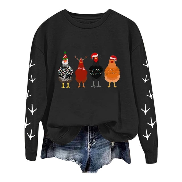 WEAIXIMIUNG Chandail en Molleton Court Grande Taille Noël Oversize Femmes Manches Longues Col Rond Chandails en Molleton Imprimé Poulet Léger Ample Haut